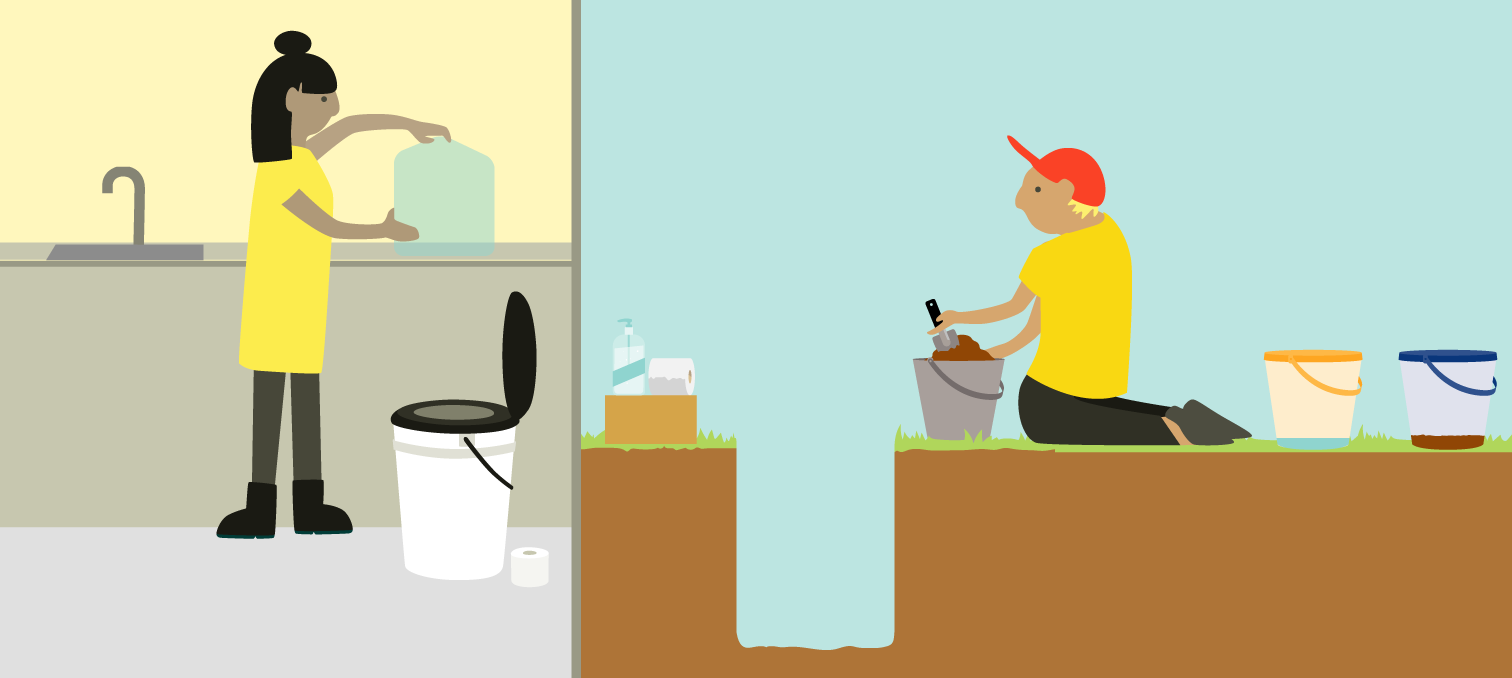 Two people preparing for a disaster. A person indoors placing a water container on the bench next to an emergency toilet which is a bucket with a toilet lid placed on top. A person outdoors who has dug a hole holding a bucket and shovel. There are two oth