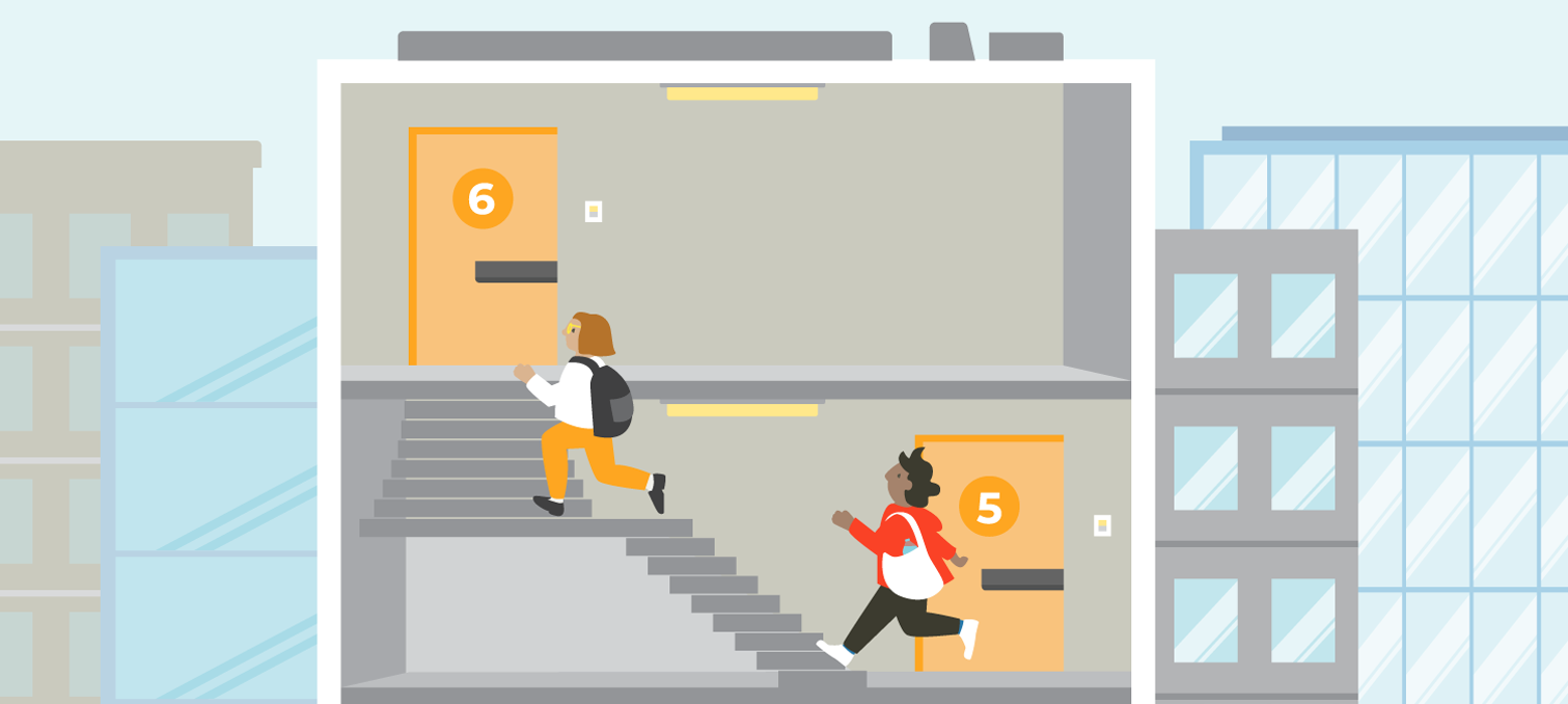 Two people running upstairs carrying a bag each from the fifth floor to the sixth floor.