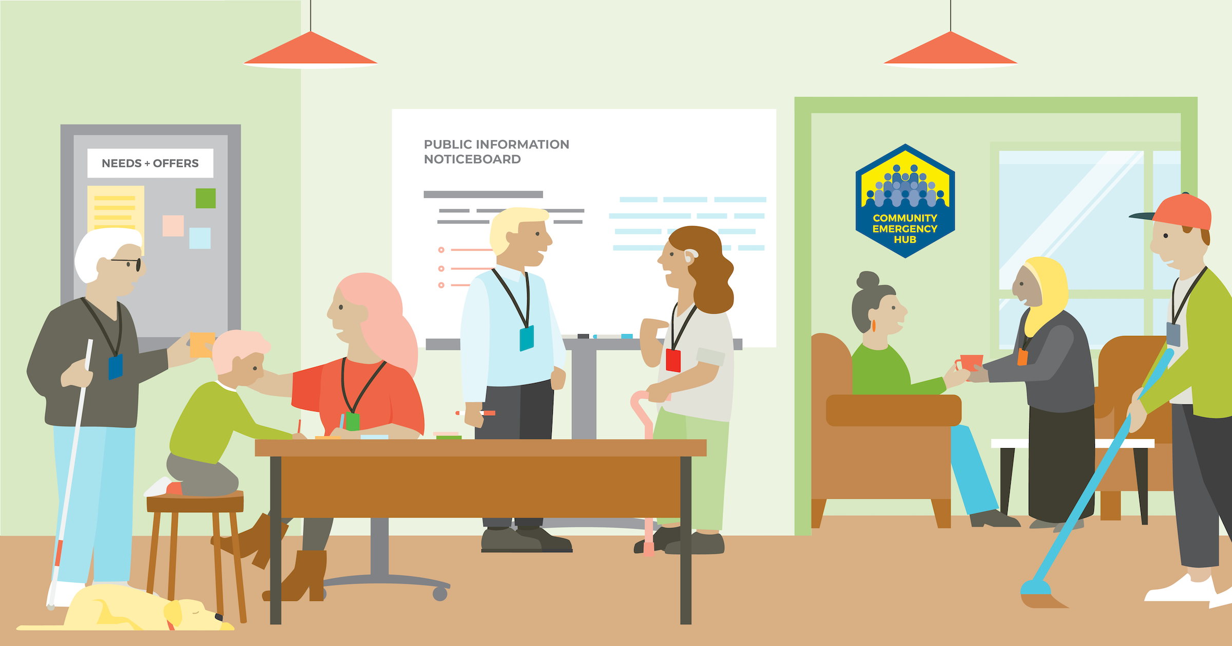 A group of people in a Community emergency Hub helping each other in a disaster.
