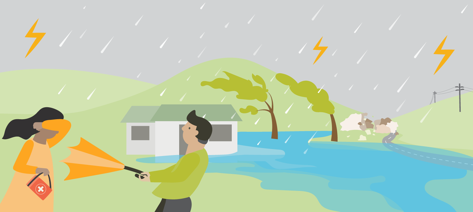 A man is standing in front of a flooded house, struggling with an inside-out umbrella. There is lightening, heavy rain and trees bent by severe wind in the background.