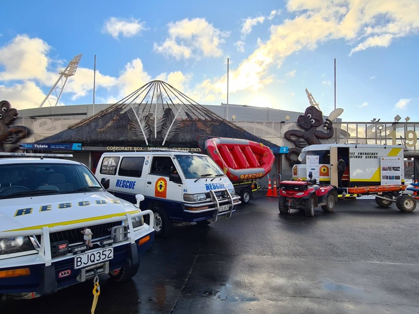 emergency services vehicles are parked at wellington stadium for a training exercise 