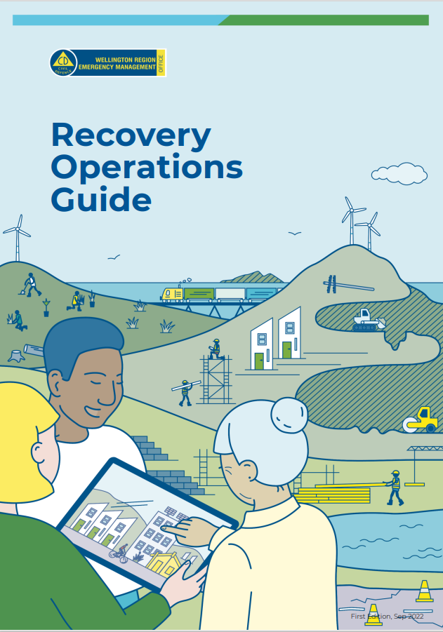 Recovery Operations Guide: Three people gathered around an image of a city, backdrop of hills, harbour and construction workers and equipment